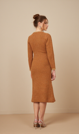 braided-edge tweed midi dress in brown