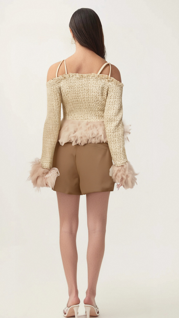 AIIZIE LAETIECIA OFF-SHOULDER FEATHER-TRIM TWEED TOP - product image
