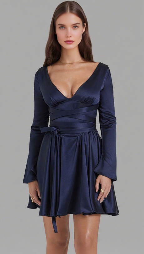 PLUNGE V-NECK MINI DRESS IN NAVY