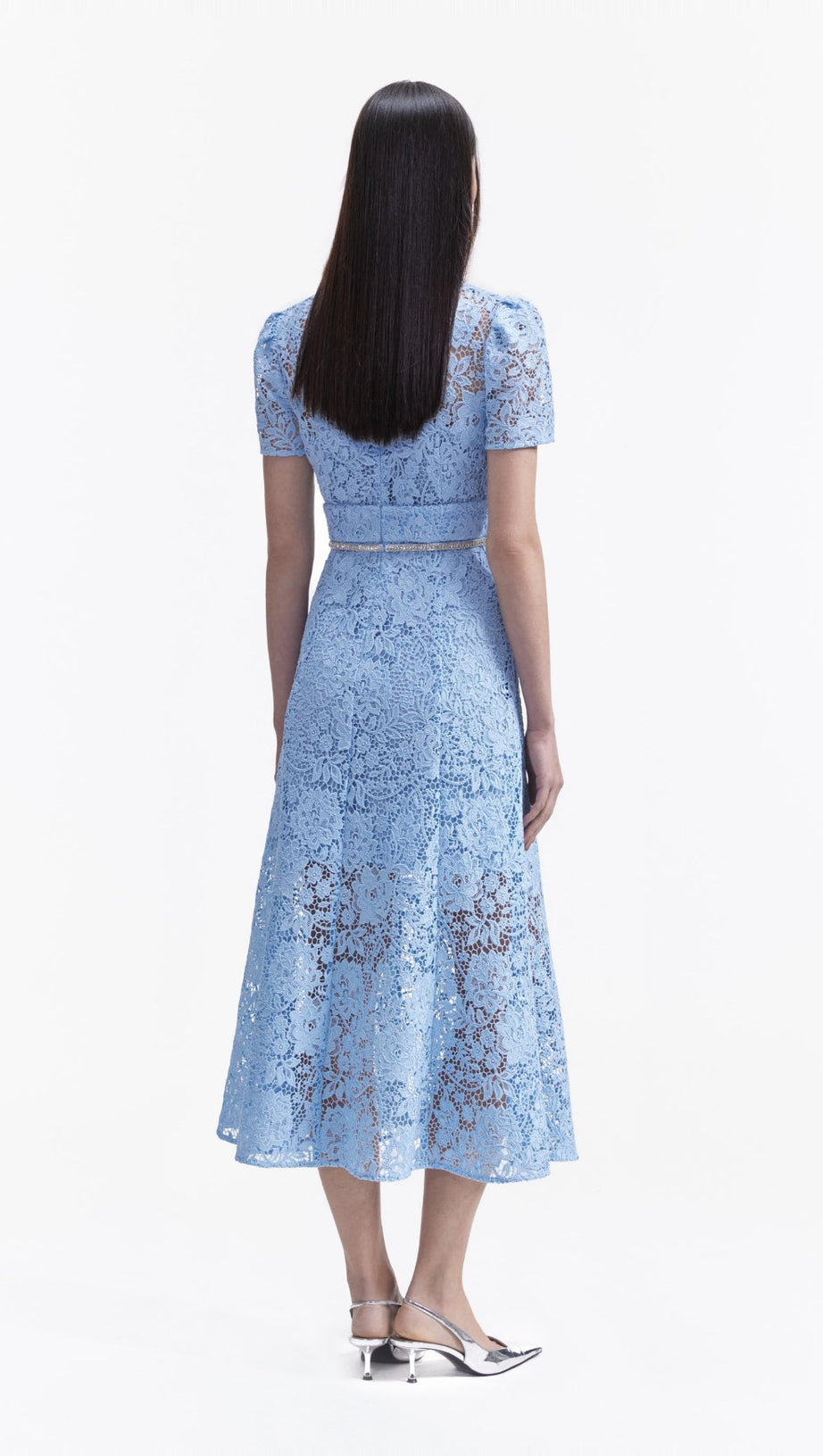 BLUE CORD LACE BOW MIDI DRESS