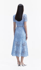 BLUE CORD LACE BOW MIDI DRESS