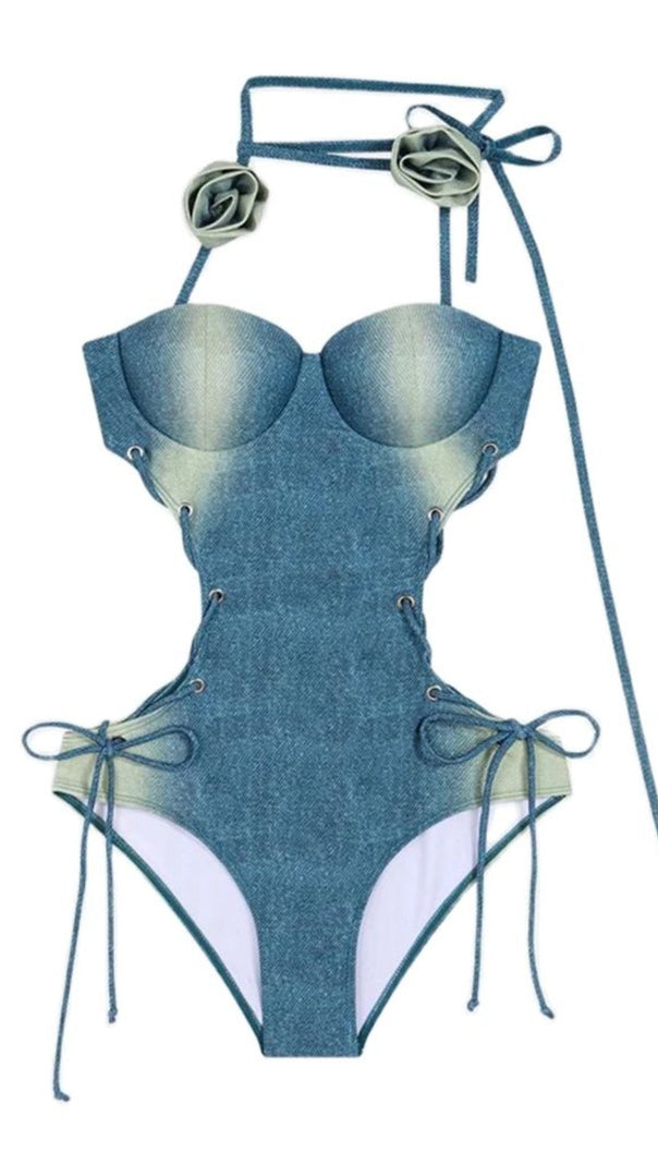 AIIZIE DODGER DENIM FLOWER ONE-PIECE SWIMSUIT - product image