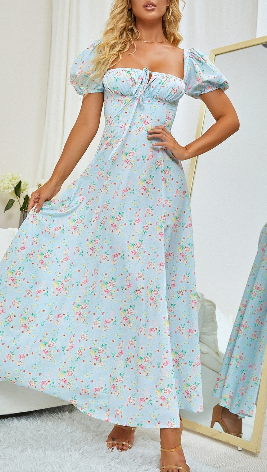 AIIZIE VINTAGE FLORAL PUFF SLEEVE MIDI DRESS IN BLUE - product image