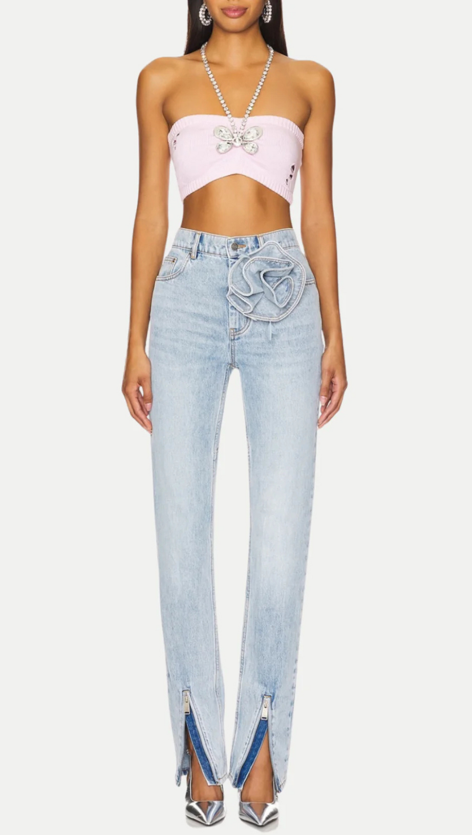 QUINTA FLORAL ZIP-HEM SKINNY JEANS IN PALE BLUE