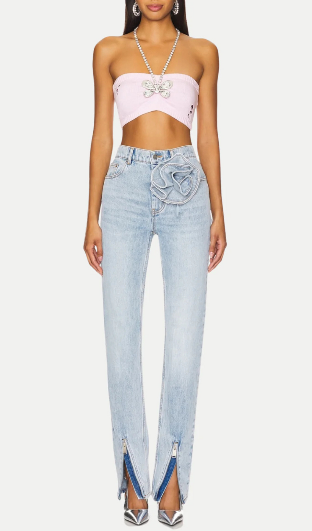 QUINTA FLORAL ZIP-HEM SKINNY JEANS IN PALE BLUE