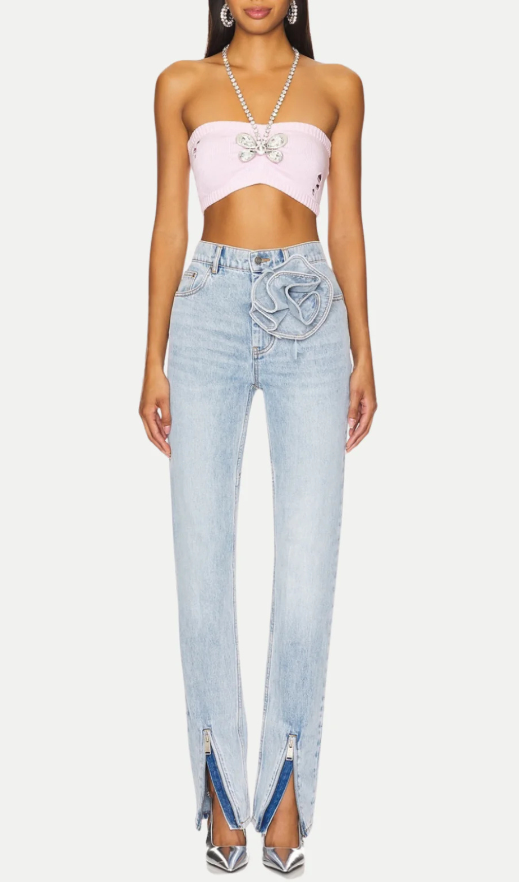 QUINTA FLORAL ZIP-HEM SKINNY JEANS IN PALE BLUE