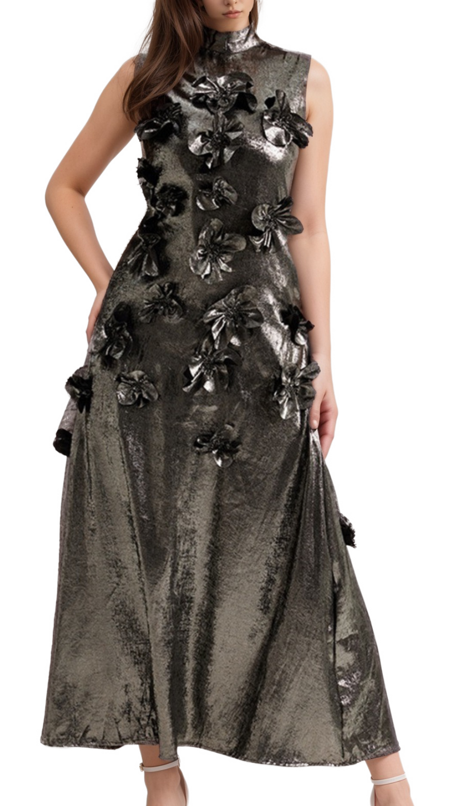 ADITI 3D FLORAL EMBELLISHED MAXI DRESS IN GREY