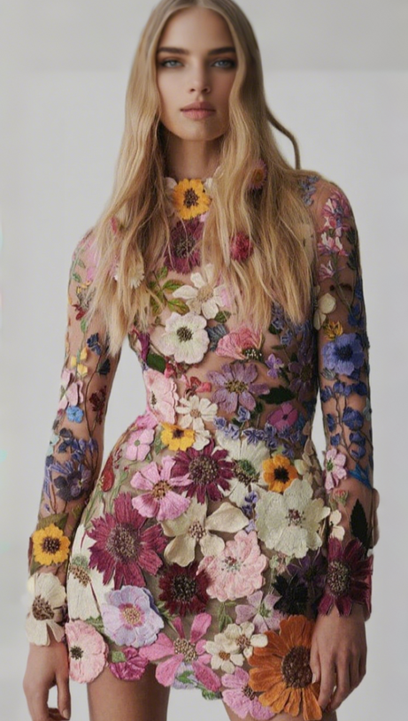 EMBROIDERED FLOWER LONG SLEEVE MINI DRESS