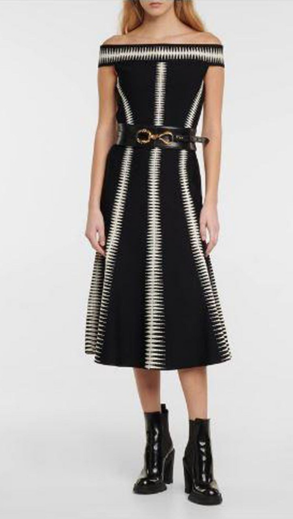 AIIZIE JACQUARD OFF-SHOULDER MIDI DRESS IN BLACK - product image