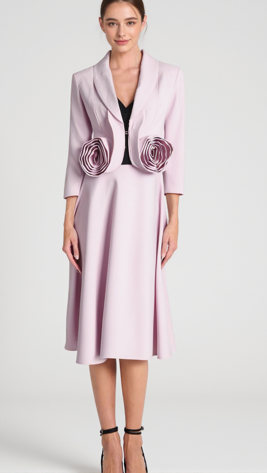 CAROL PINK 3D FLORAL BLAZER ＆ HIGH WAIST MIDI SKIRT SET