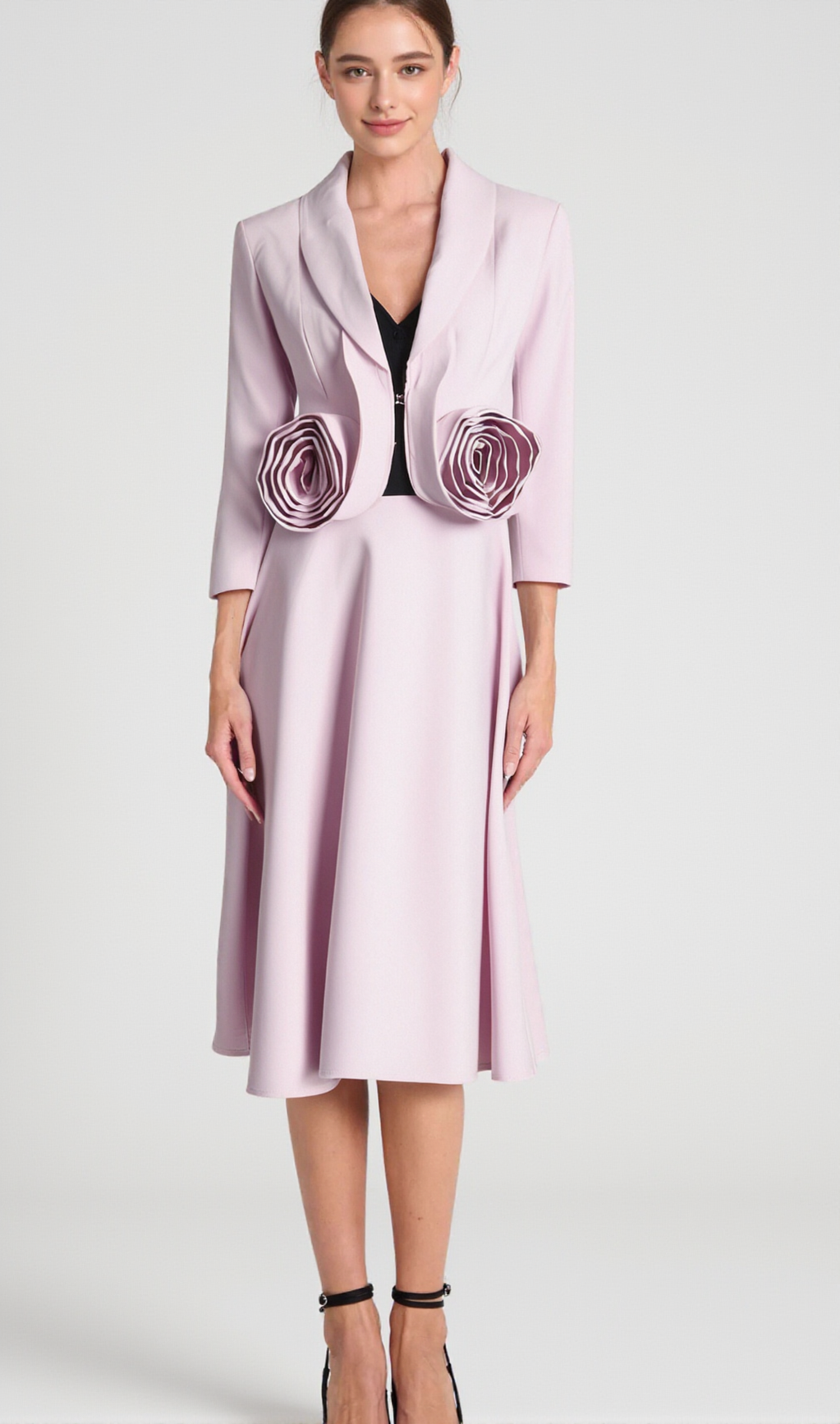 CAROL PINK 3D FLORAL BLAZER ＆ HIGH WAIST MIDI SKIRT SET