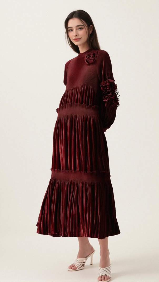 AIIZIE DONNA RED FLORAL-APPLIQUÉ PLEATED VELVET MIDI DRESS - product image