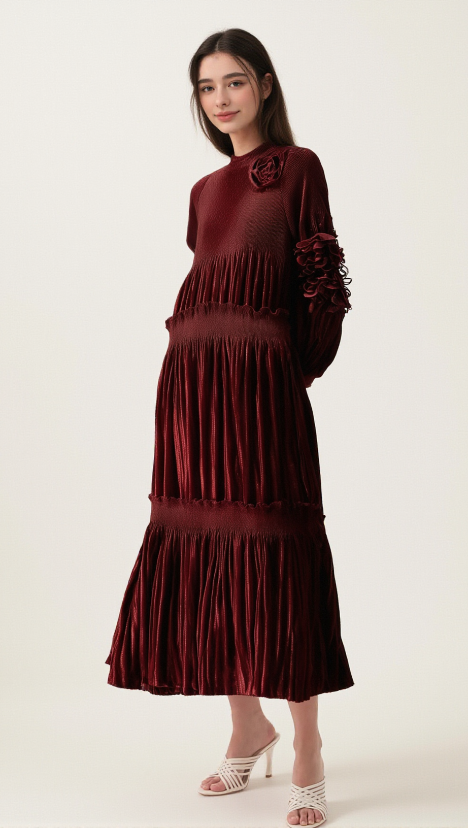 DONNA RED FLORAL-APPLIQUÉ PLEATED VELVET MIDI DRESS