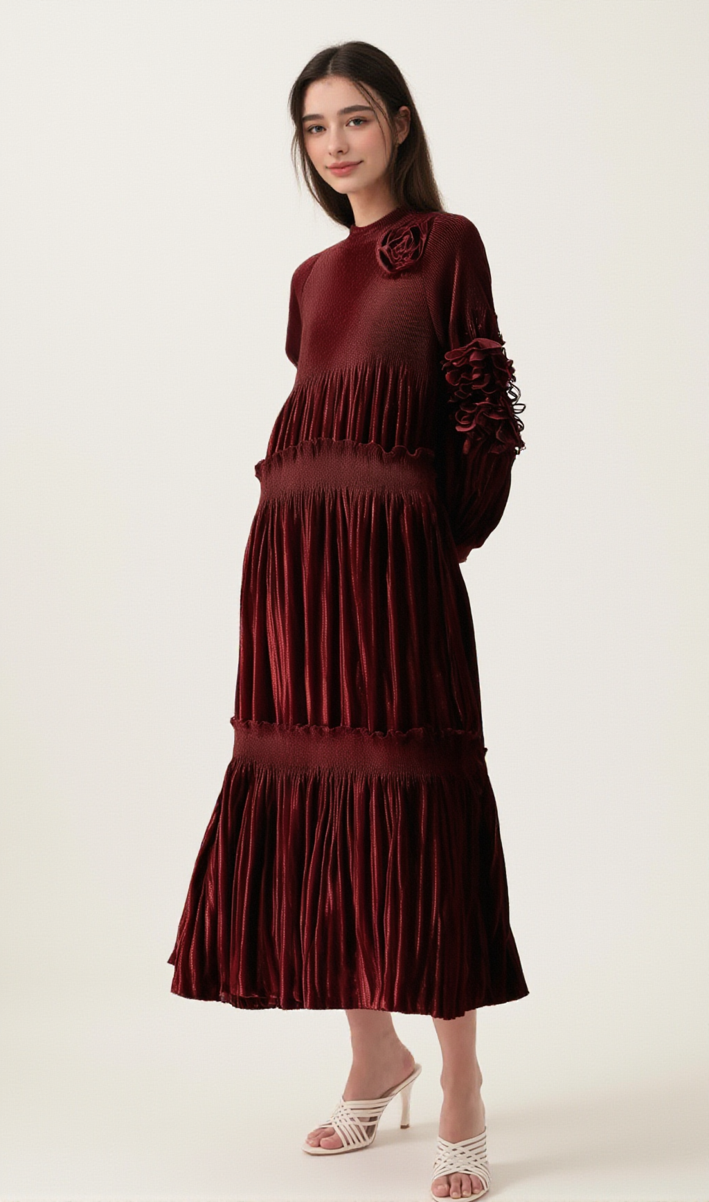 DONNA RED FLORAL-APPLIQUÉ PLEATED VELVET MIDI DRESS