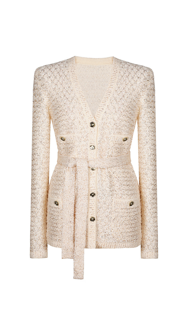 AIIZIE SEQUIN KNIT V-NECK CARDIGAN IN BEIGE - product image