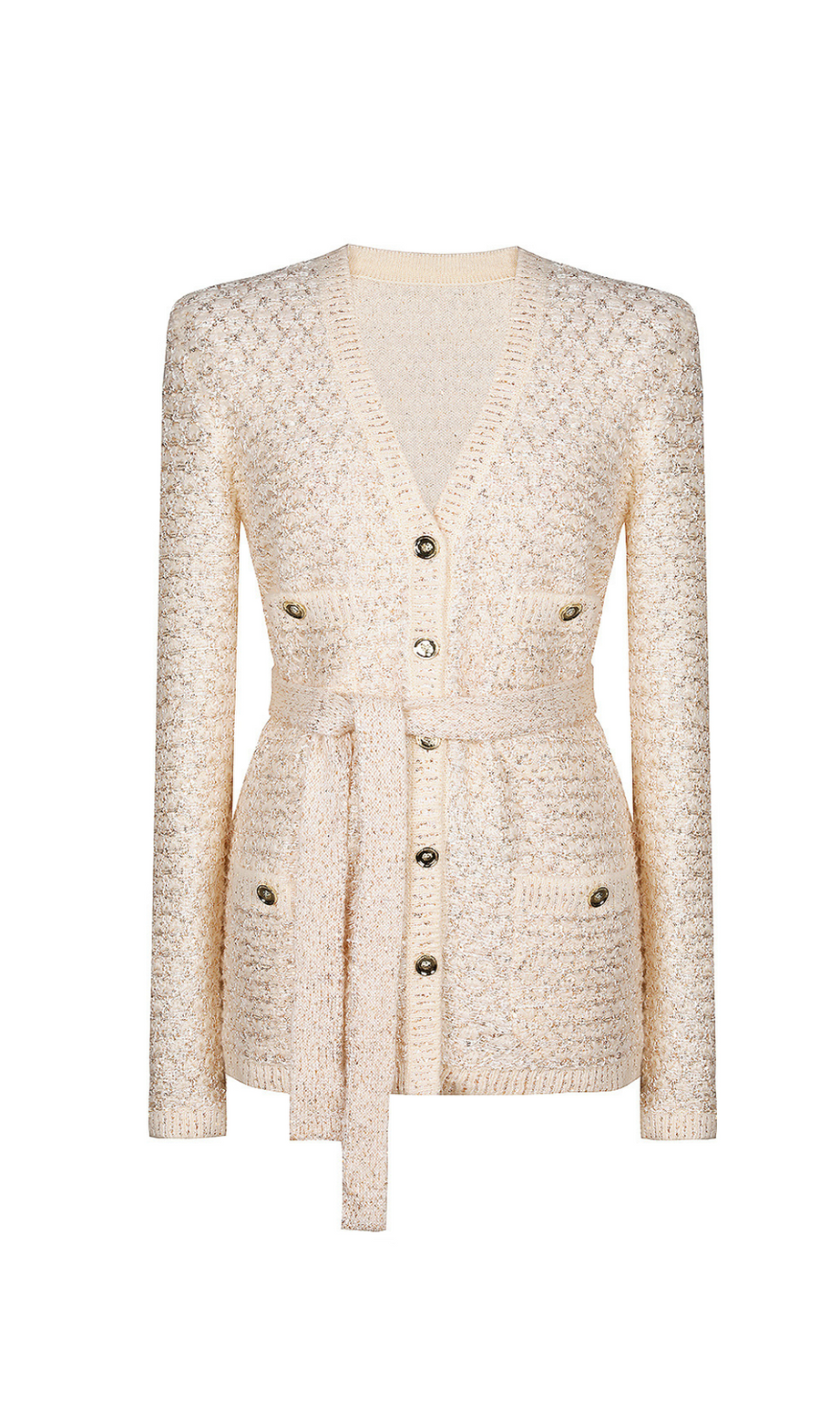 cardigan beige con scollo a V in maglia di paillettes