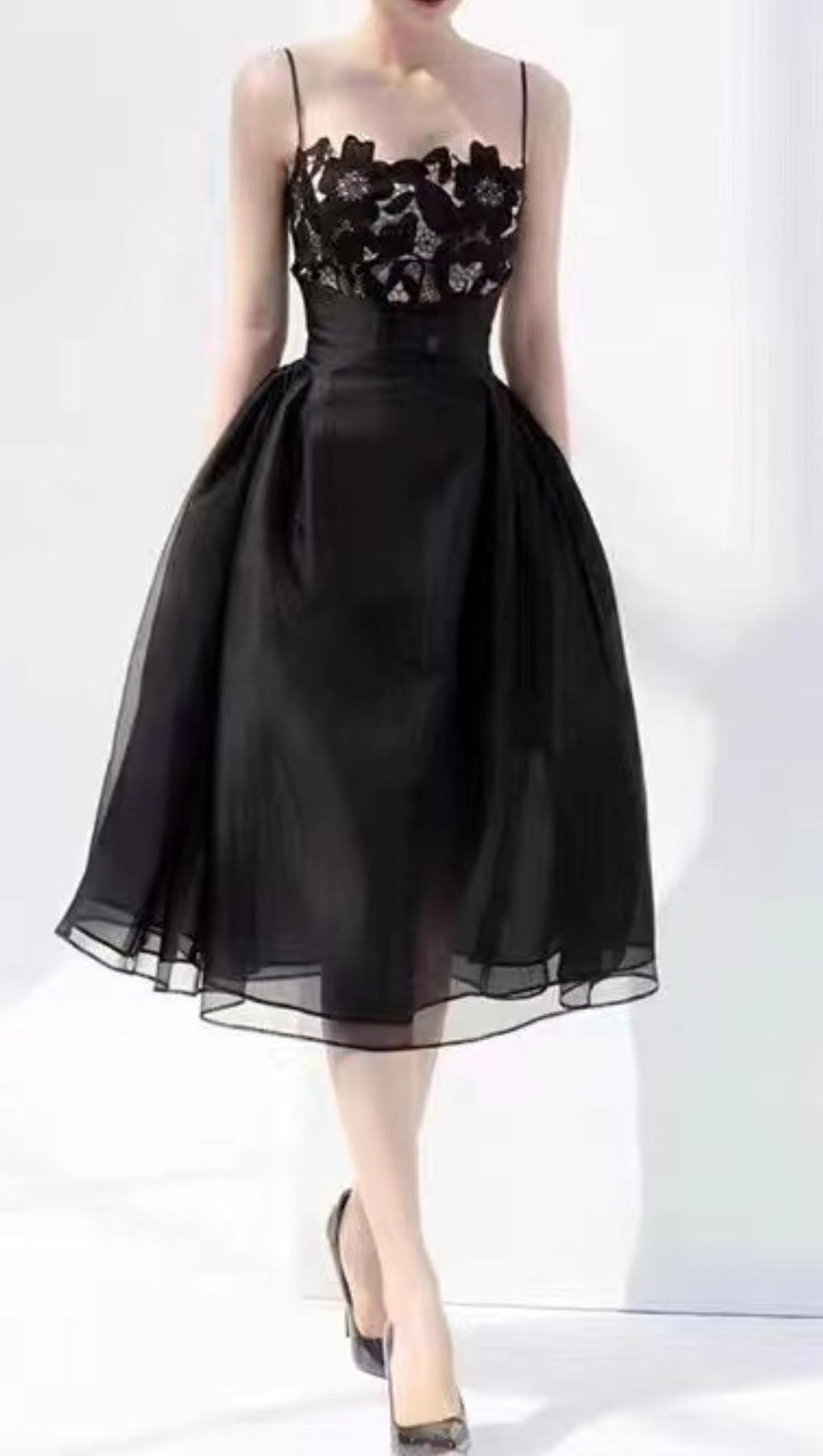 BLACK LACE CAMISOLE MIDI DRESS