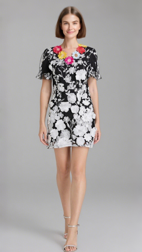 LETITIA 3D FLORAL EMBROIDERY MINI DRESS IN BLACK