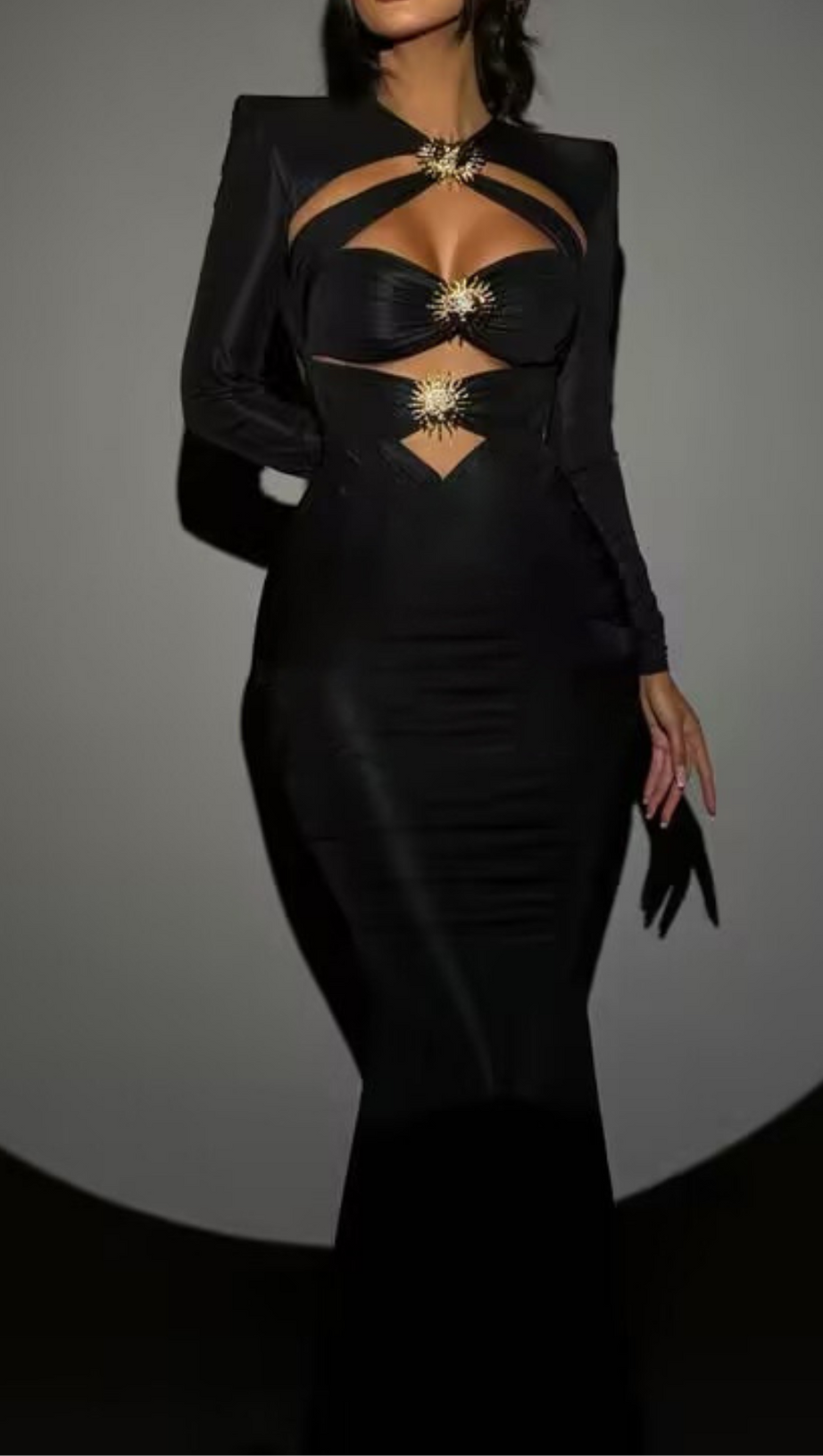 METAL EMBELLISHED HOLLOW MAXI DRESS IN BLACK