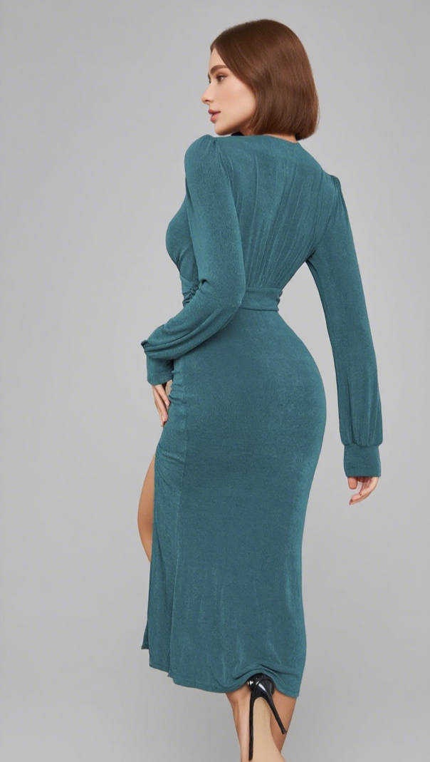 AIIZIE DEEP V - NECK PUFF - SLEEVE SLIT MIDI DRESS IN BLUE - product image