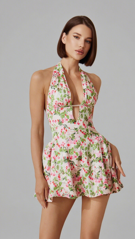 PLUNGE NECK FLORAL MINI DRESS