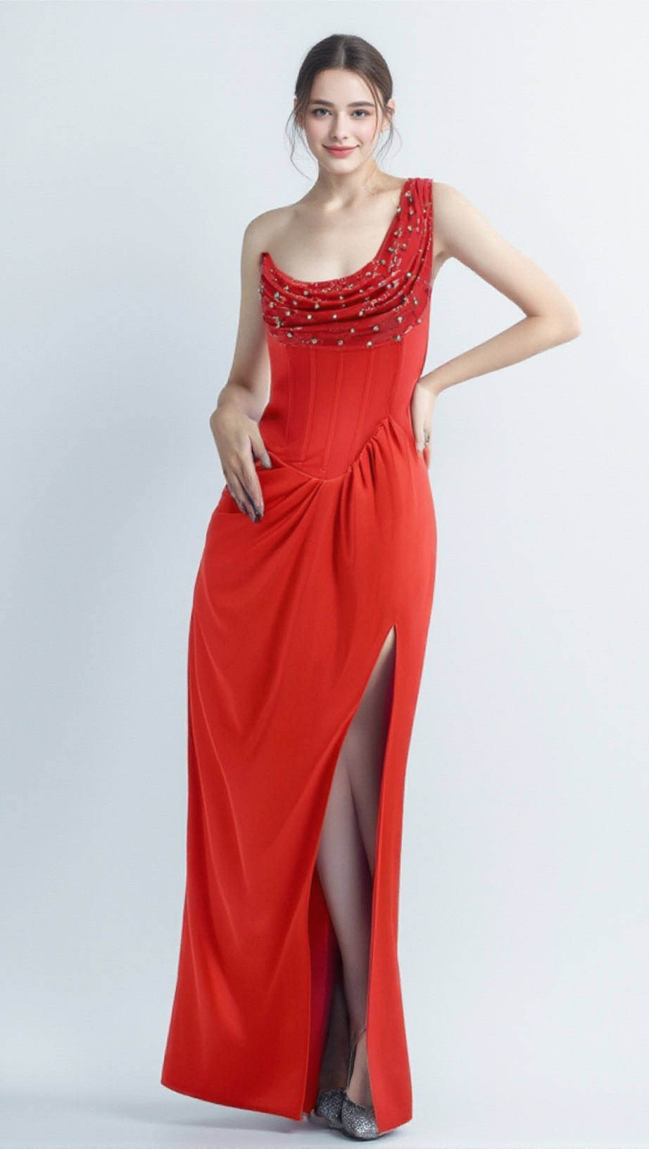 ELMA ONE-SHOULDER CRYSTAL DETAIL HIGH SLIT MAXI DRESS IN RED