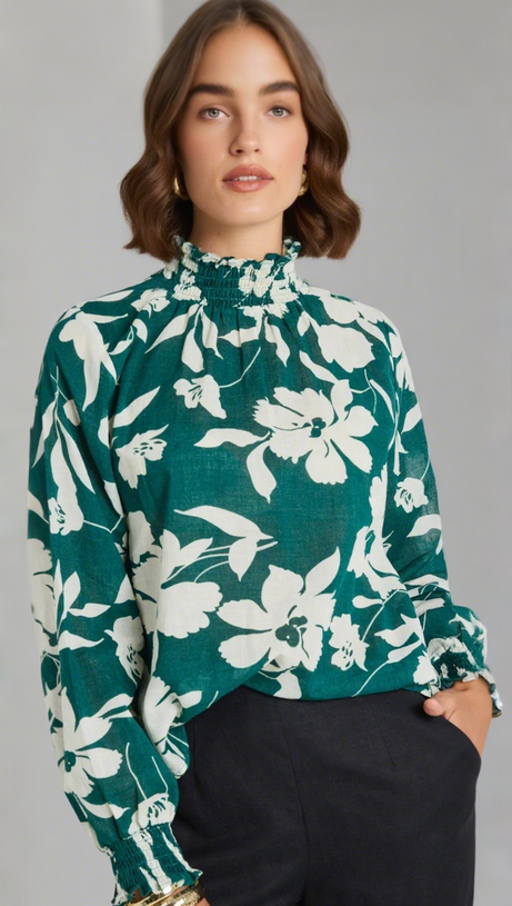 AFFECTION FOREST FLORAL SHIRRED HIGH NECK LS TOP