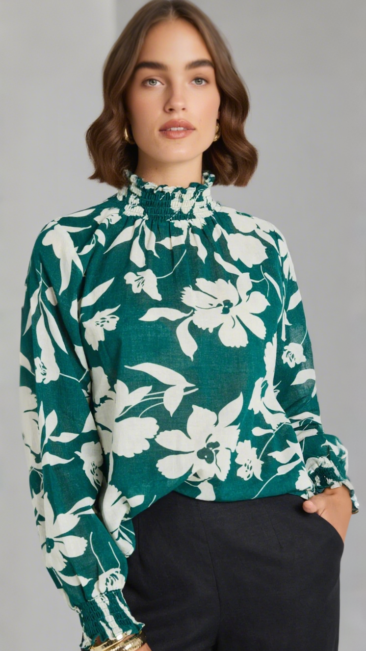 AFFECTION FOREST FLORAL SHIRRED HIGH NECK LS TOP
