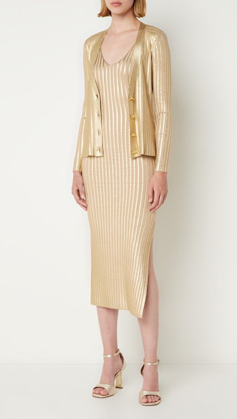 Gerti – Figurbetontes Midikleid mit Folienrippenmuster in Gold