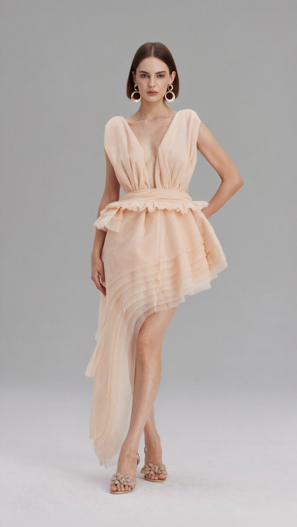 AIIZIE BOSMAT RUCH MESH ASYMMETRIC MINI DRESS IN APRICOT - product image