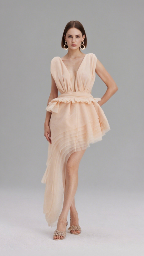 BOSMAT RUCH MESH ASYMMETRIC MINI DRESS IN APRICOT