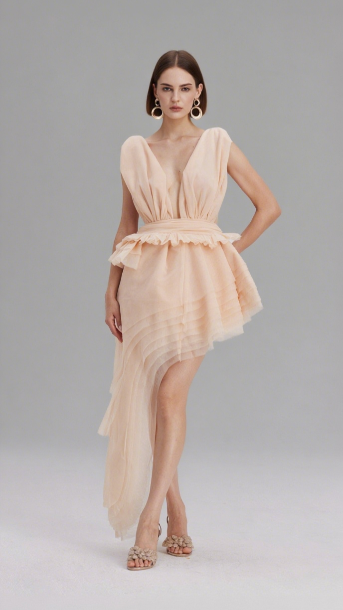 BOSMAT RUCH MESH ASYMMETRIC MINI DRESS IN APRICOT