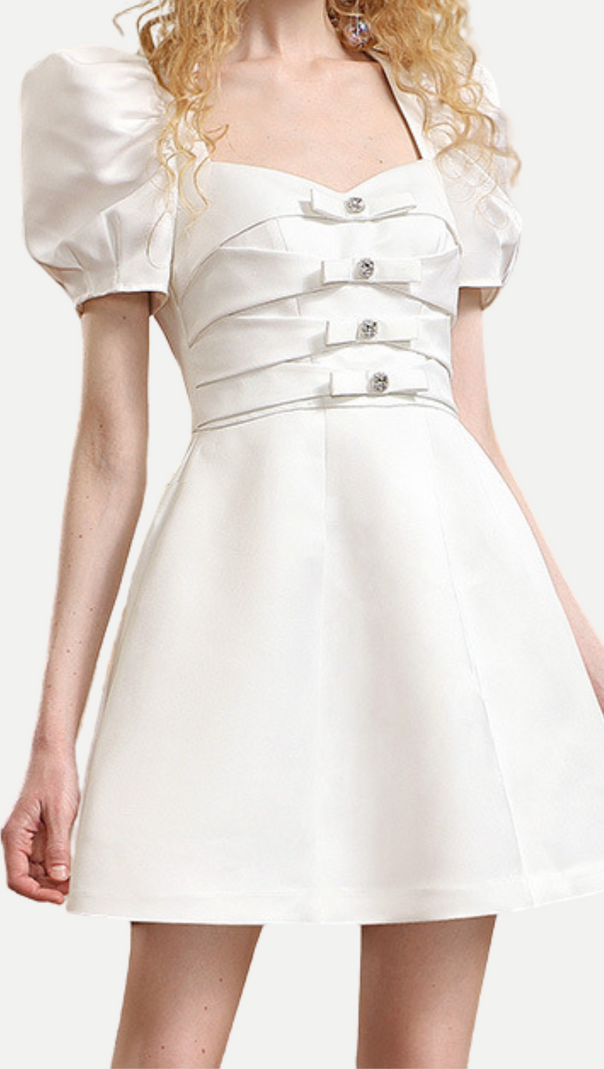 AIIZIE RIBBON PUFF-SLEEVE PRINCESS A-LINE DERSS IN WHITE - product image