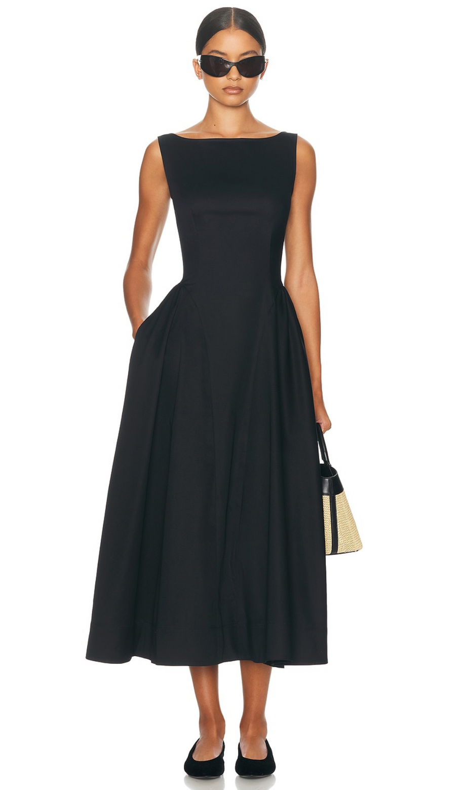 Stretch Cotton Sateen Midi Dress in black