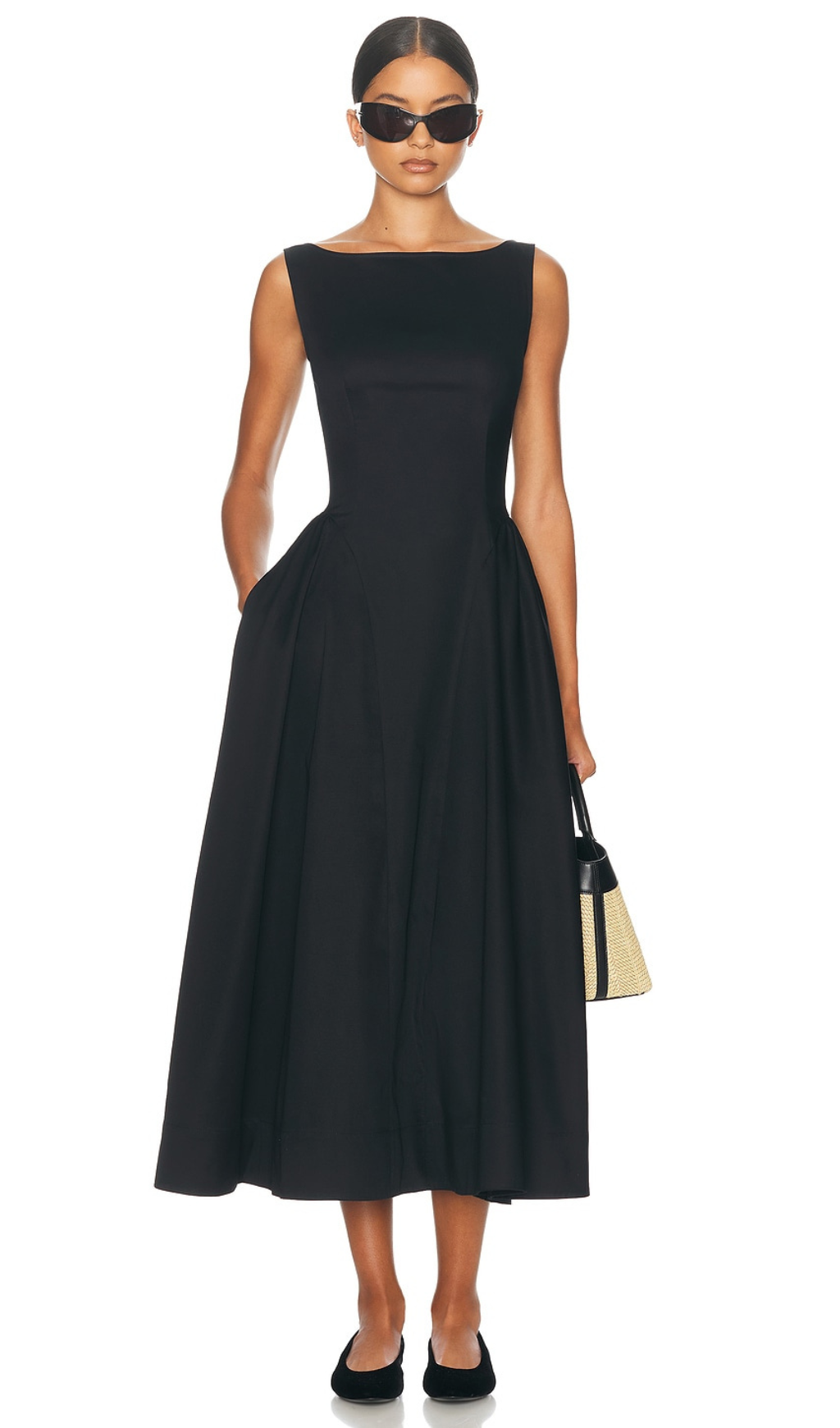 STRETCH COTTON SATEEN MIDI DRESS IN BLACK