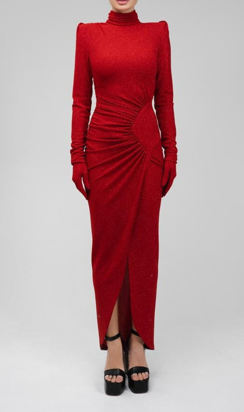 ROTES, PAILLETTENVERZIERTES MAXIKLEID MIT RÜSCHEN