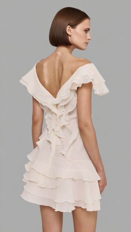 SABRINA RUFFLE LAYERS STRAPLESS MINI DRESS IN IVORY