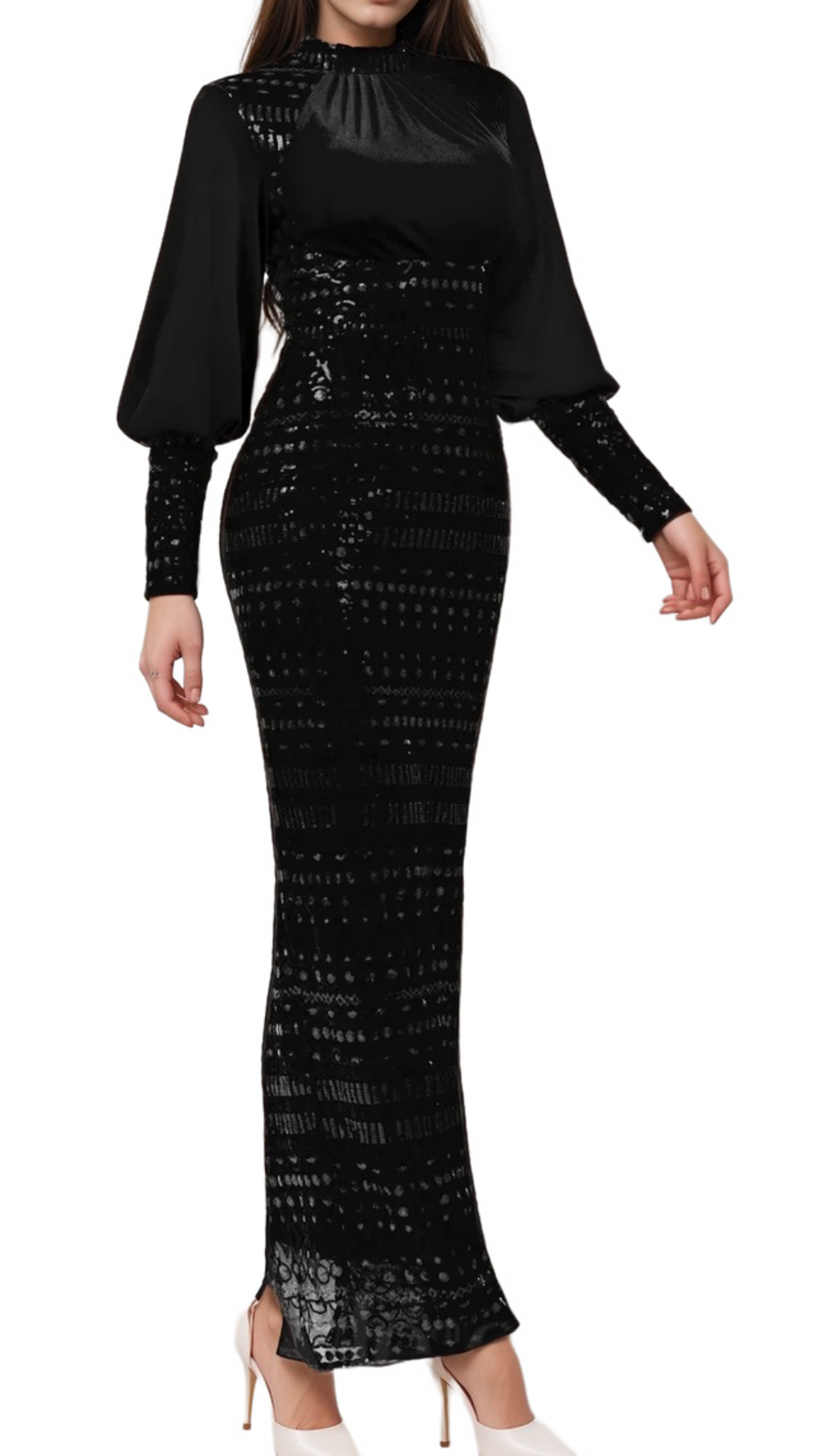 BEATRICE SEQUIN LONG SLEEVE MAXI DRESS IN BLACK