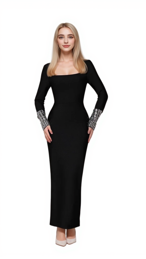 AIIZIE BREENDA SQUARE NECK DIAMOND TIGHT BANDAGE MAXI DRESS IN BLACK - product image
