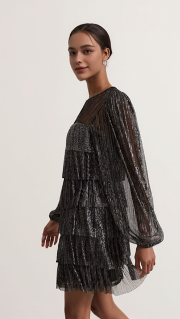AIIZIE LAYER CHIFFON PUFF MINI DRESS IN BLACK - product image