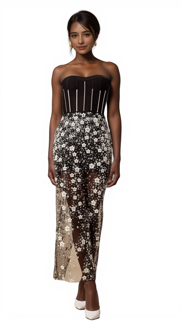 AIIZIE OPHÉLIE BLACK SEQUINED FLOWER CORSET MIDI DRESS - product image