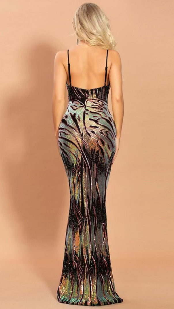AIIZIE V-NECK EMBELLISHED SEQUIN BACKLESS MAXI DRESS - product image