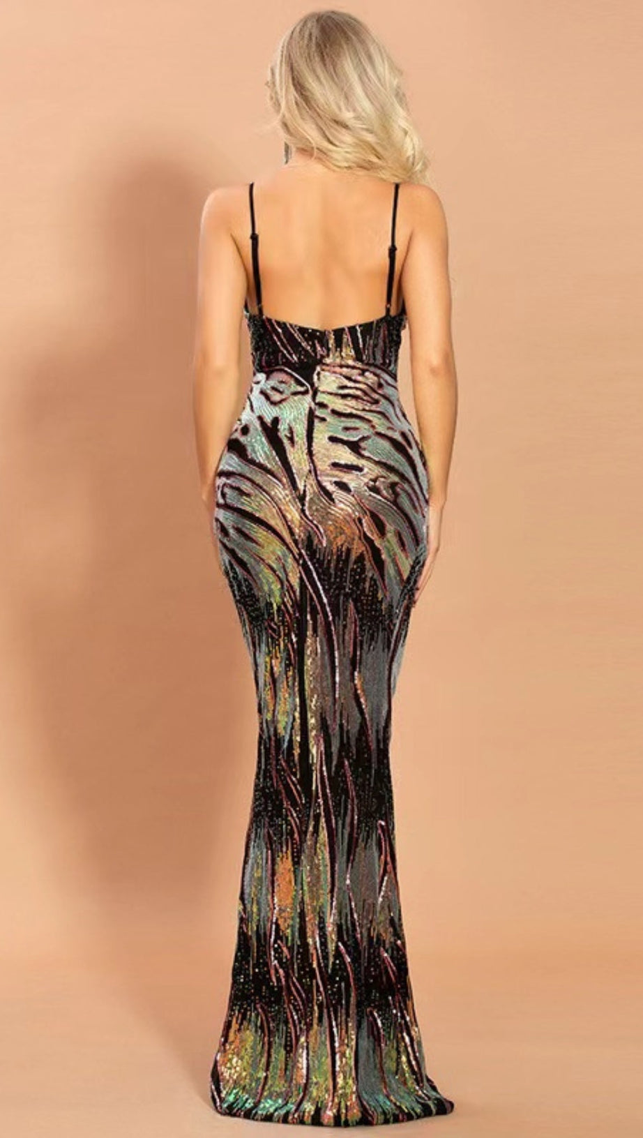 V-NECK EMBELLISHED SEQUIN BACKLESS MAXI DRESS