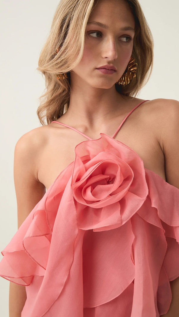 AIIZIE LORRAINE HALTER FLORAL RUFFLE LAYERED MINI DRESS IN ORANGE - product image