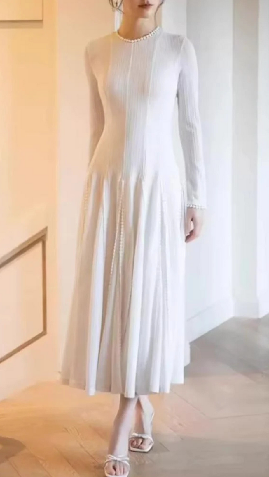 WHITE CROCHET LACE MAXI DRESS WITH SLEEVES