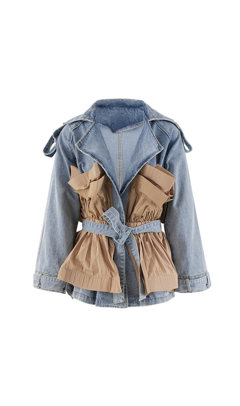 Denim-Tunikamantel mit Patchwork-Rüschen