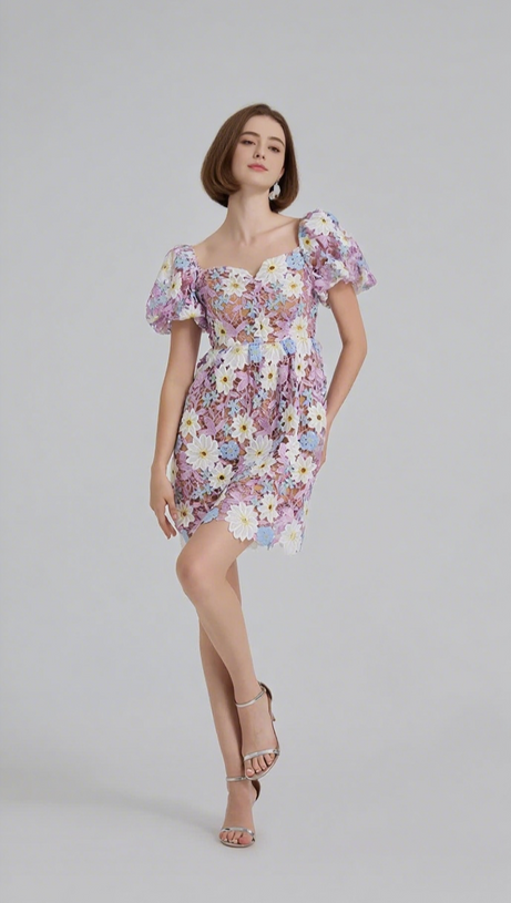 WINIFRED HOLLOW HOOK LACE MINI DRESS IN PURPLE