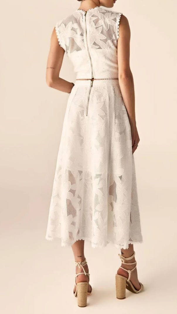 AIIZIE GUIPURE MESH MIDI SKIRT CROP TOP SET IN WHITE - product image