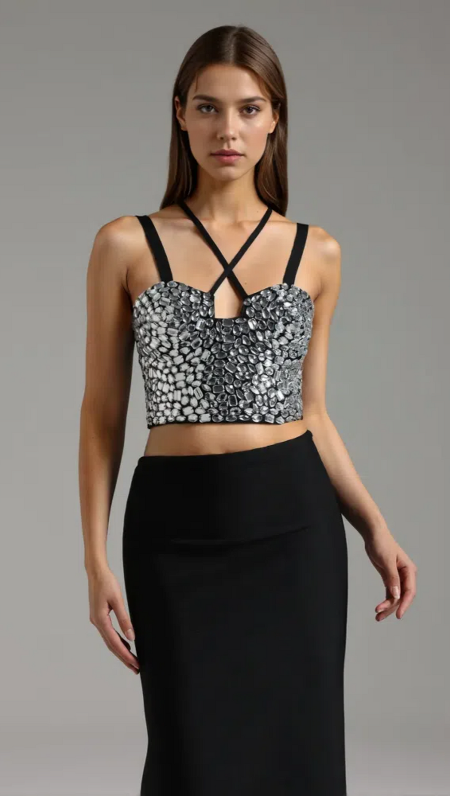 CRYSTAL-VERZIERTER CROP-TOP-ROCK-ANZUG