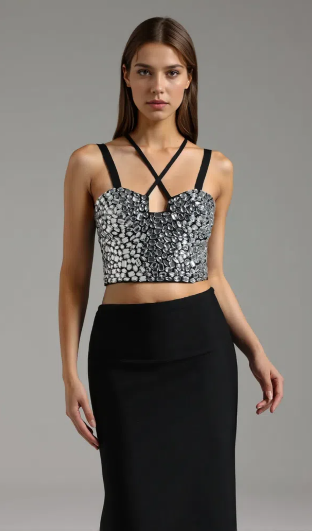 CRYSTAL-EMBELLISHED CROP TOP SKIRT SUIT